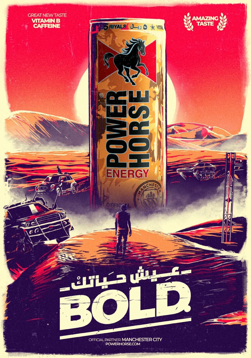 PowerHorse Bold can above a traveler in a yellow and pink desert sunset poster