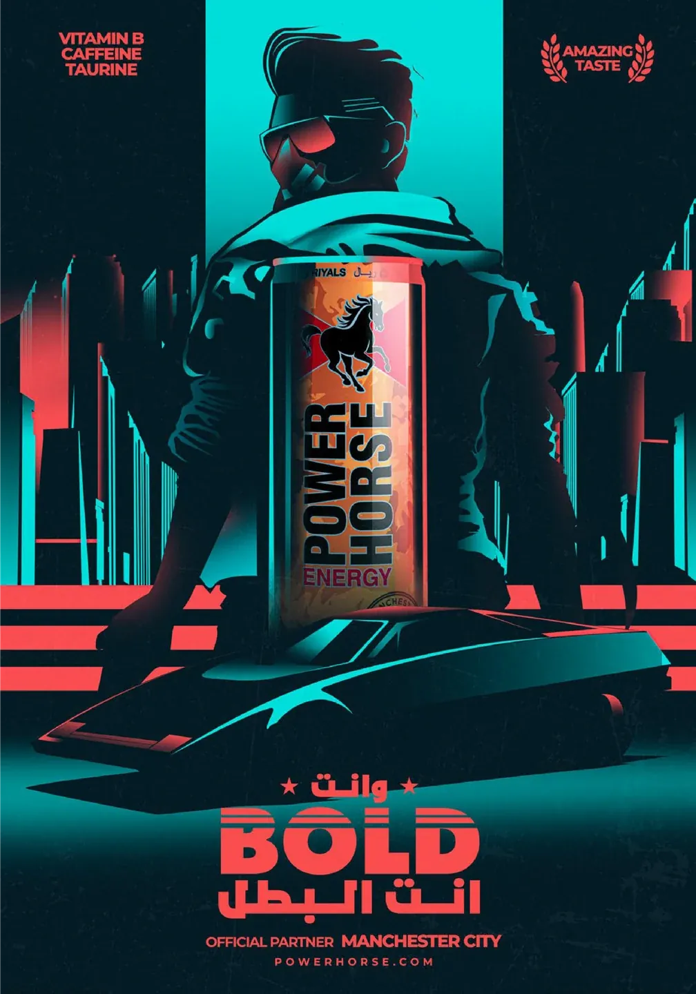 PowerHorse Bold can with a figure and futuristic car against teal and red city lights
