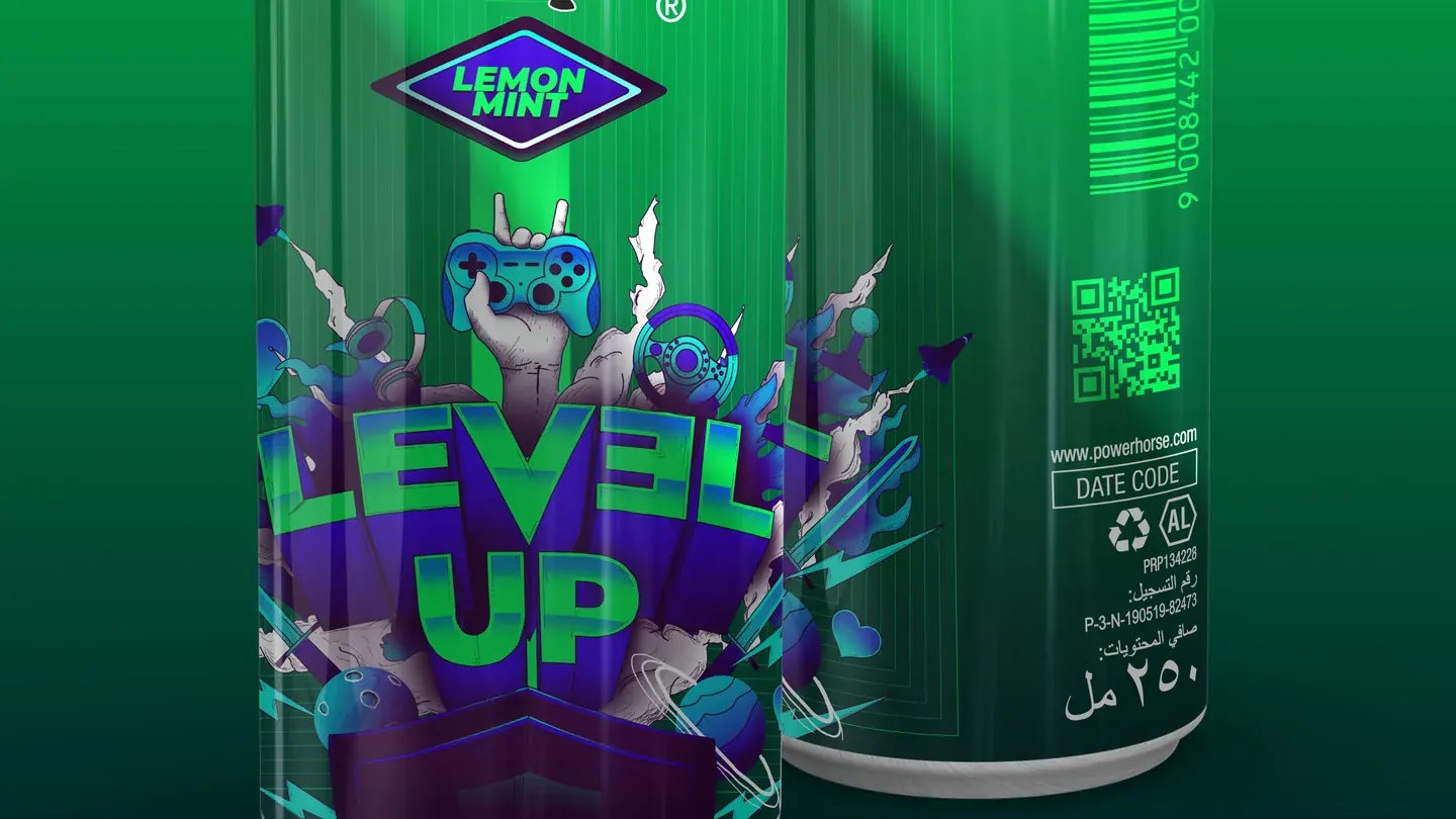 PowerHorse Level Up Lemon Mint can close-up with a game-controller character and purple lettering against green