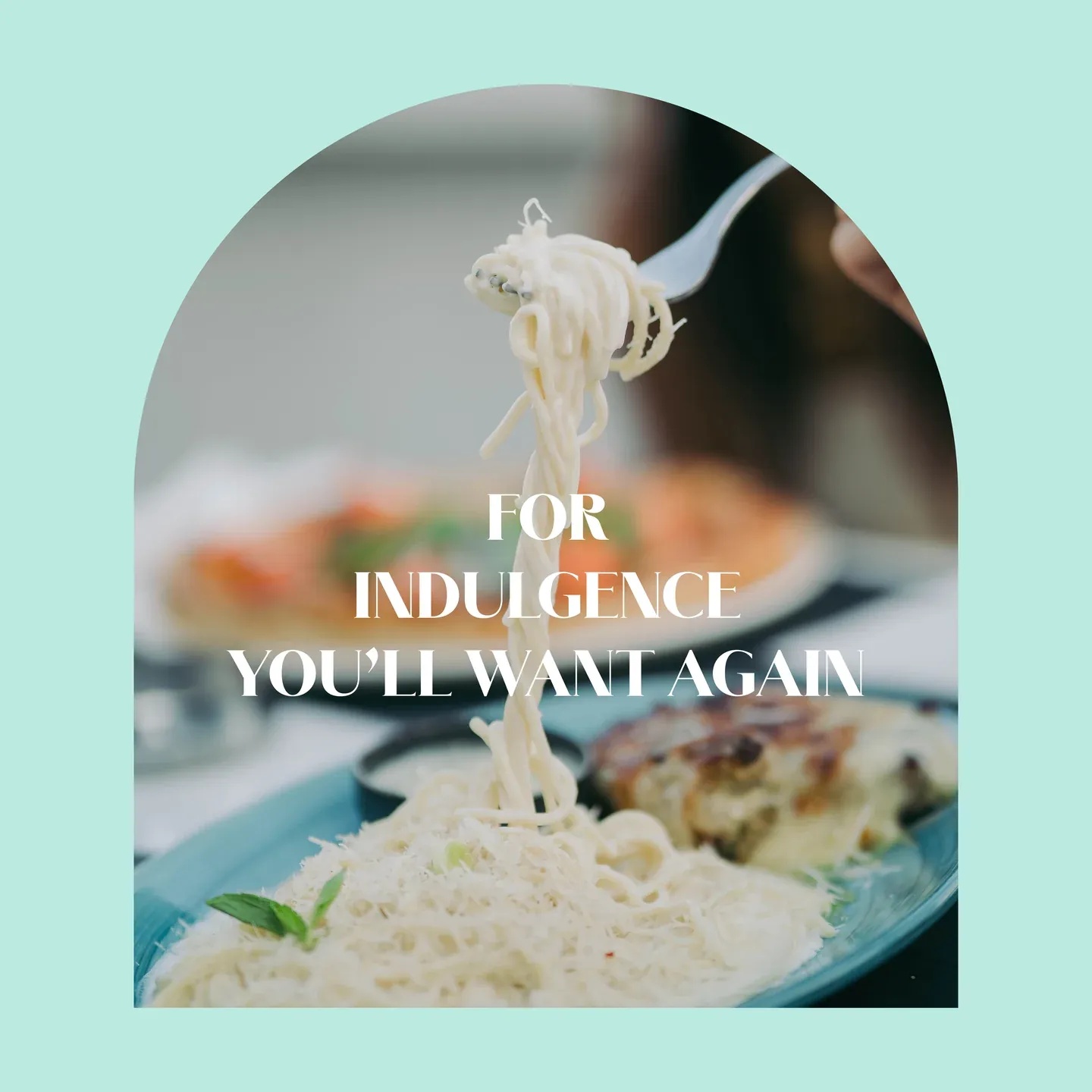Lakeyard pasta artwork framed by a mint-coloured arch with white English lettering