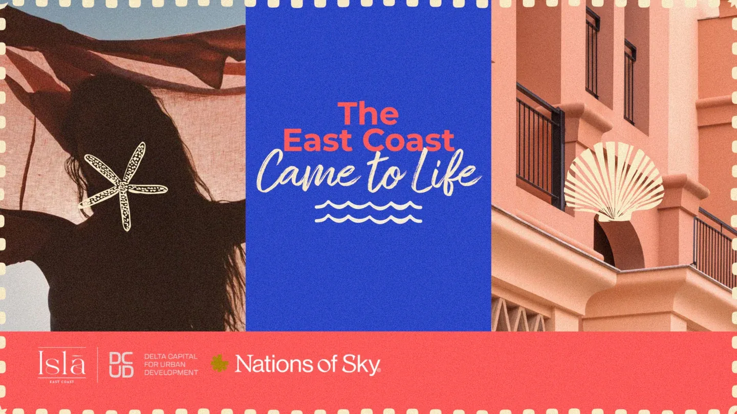 Isla East Coast artwork with a blue title panel, architectural details and The East Coast Came to Life lettering