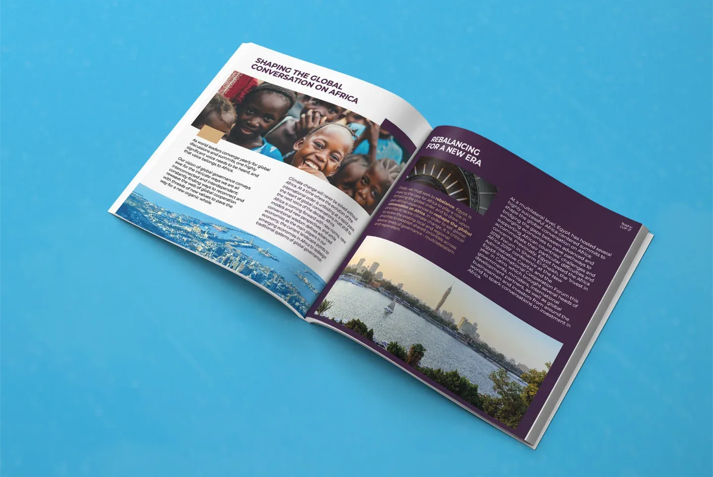 Road to COP27 open magazine mockup with editorial photography and a purple text page on cyan