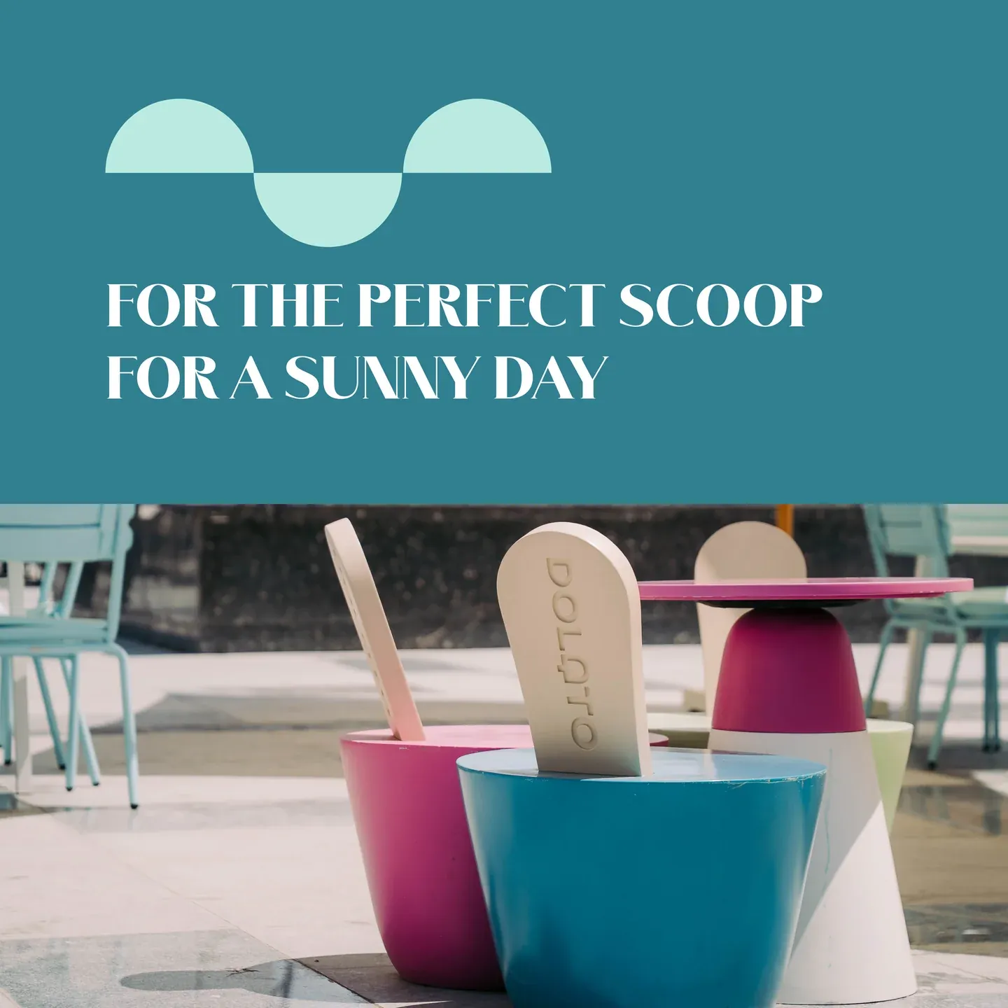 Lakeyard summer artwork with colourful ice-cream cups beneath a teal headline panel