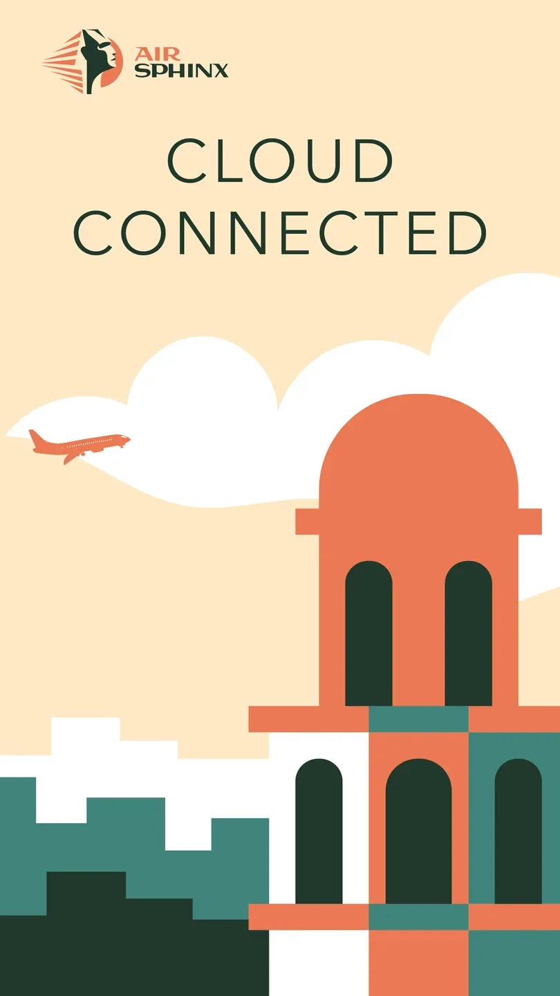 Air Sphinx Cloud Connected poster with illustrated architecture, clouds and an aircraft in cream and orange