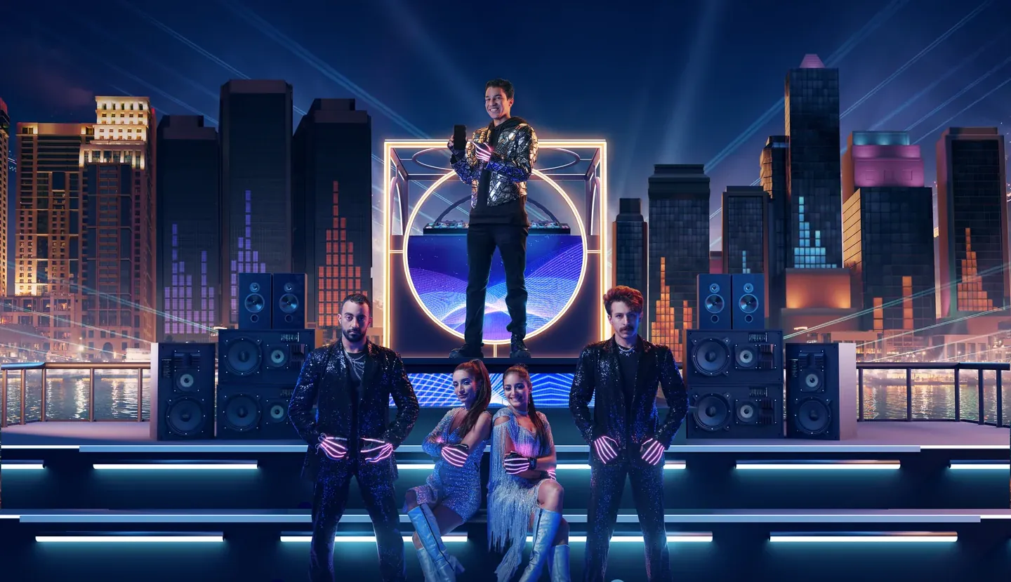 WE campaign scene with performers on an illuminated stage against a stylised city skyline