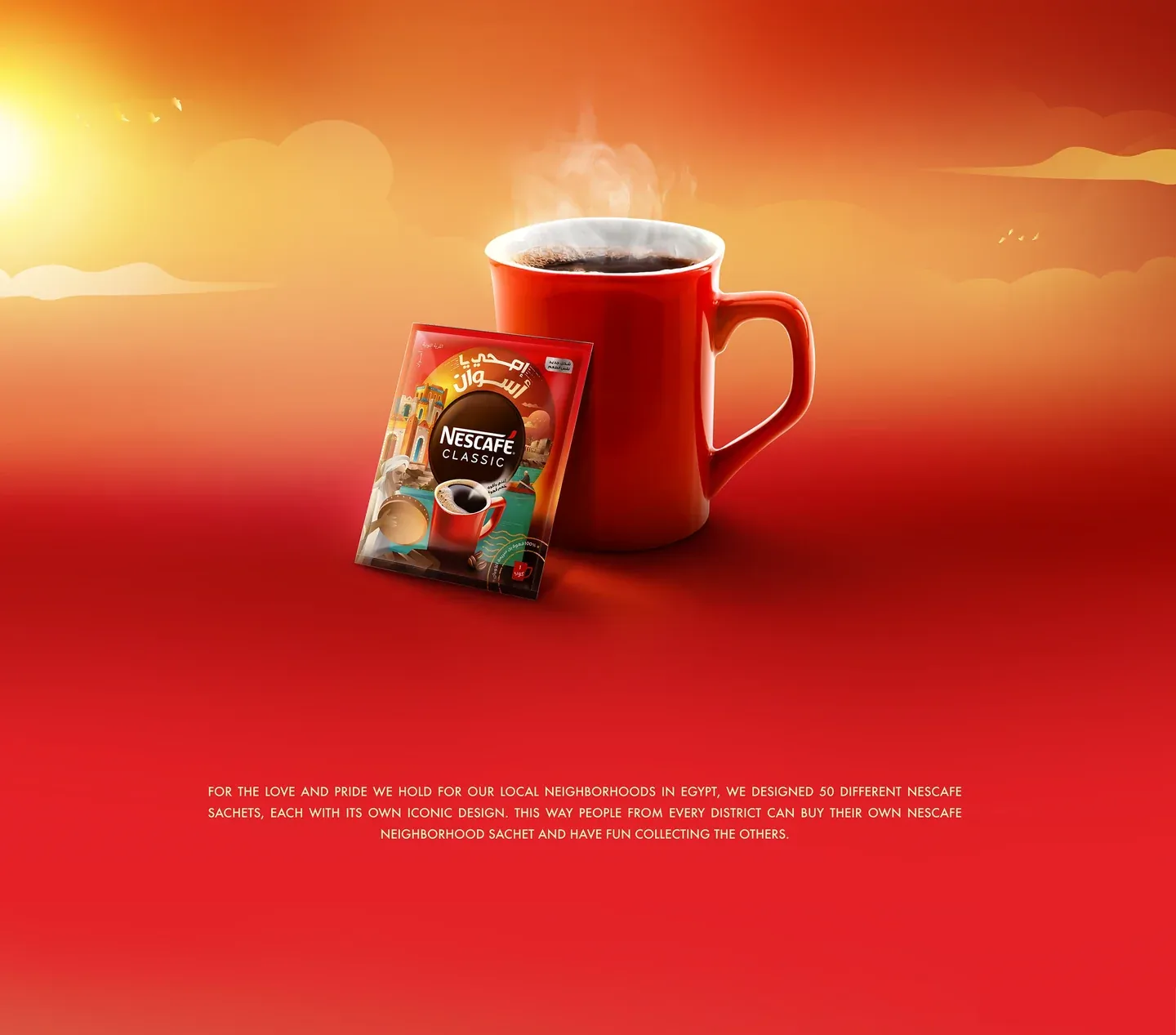 Nescafé Classic red mug and coffee pack against a warm orange horizon and red foreground
