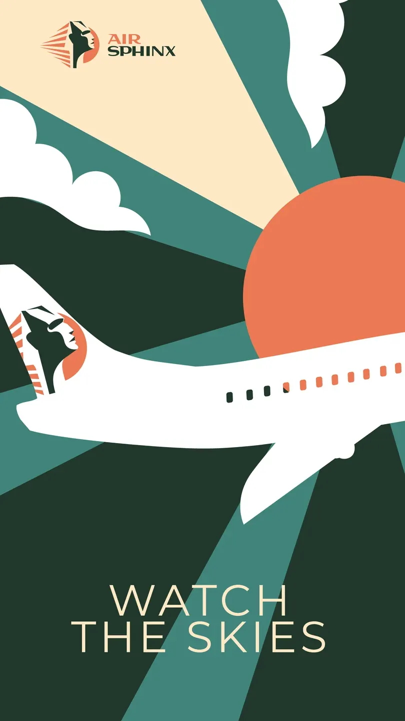 Air Sphinx Watch the Skies poster with a white aircraft crossing green and orange graphic forms