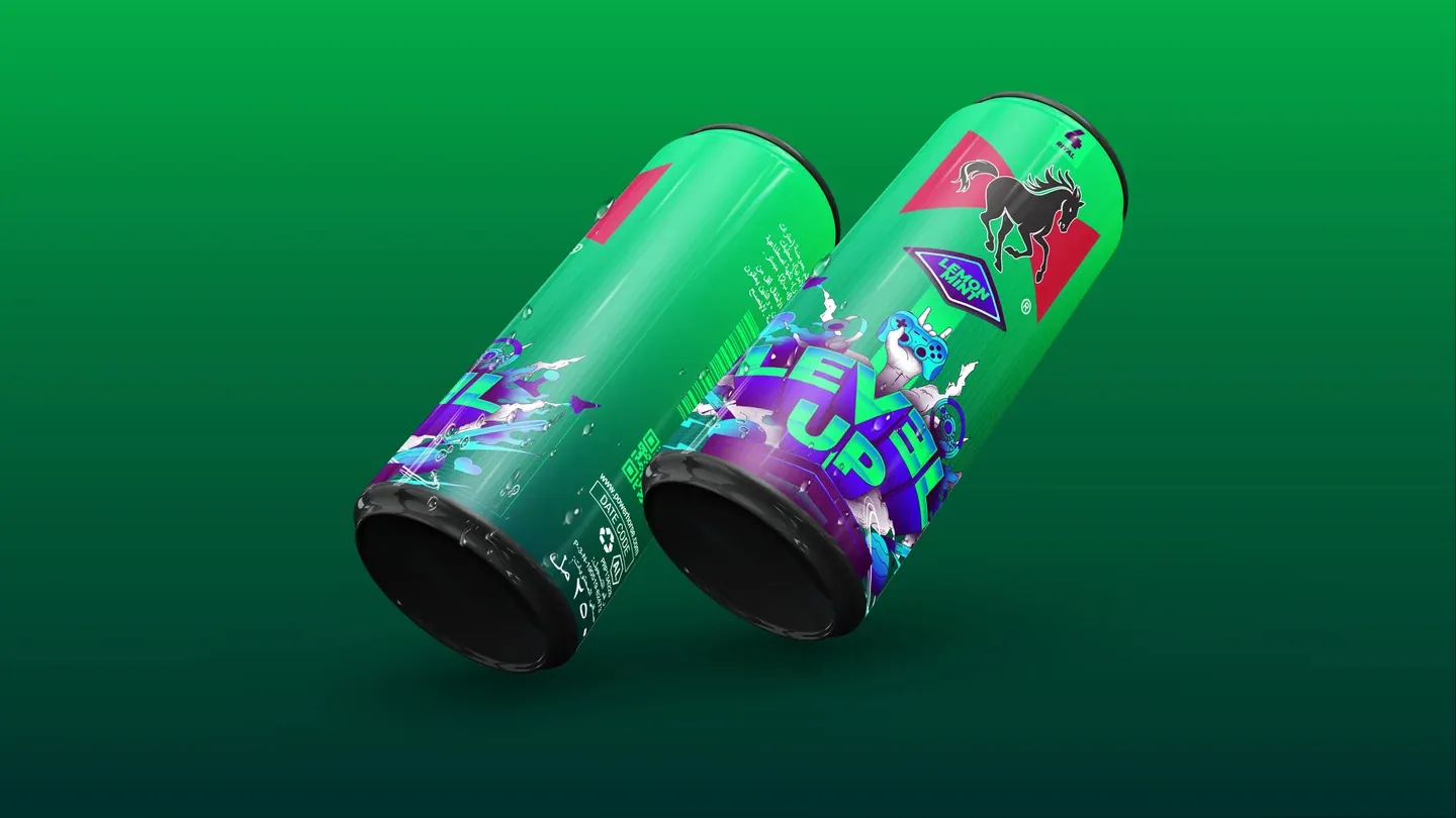 Two PowerHorse Level Up cans showing the wraparound illustration