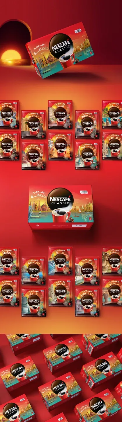 Nescafé Classic long packaging presentation with multiple red pack designs and orange-to-red backgrounds