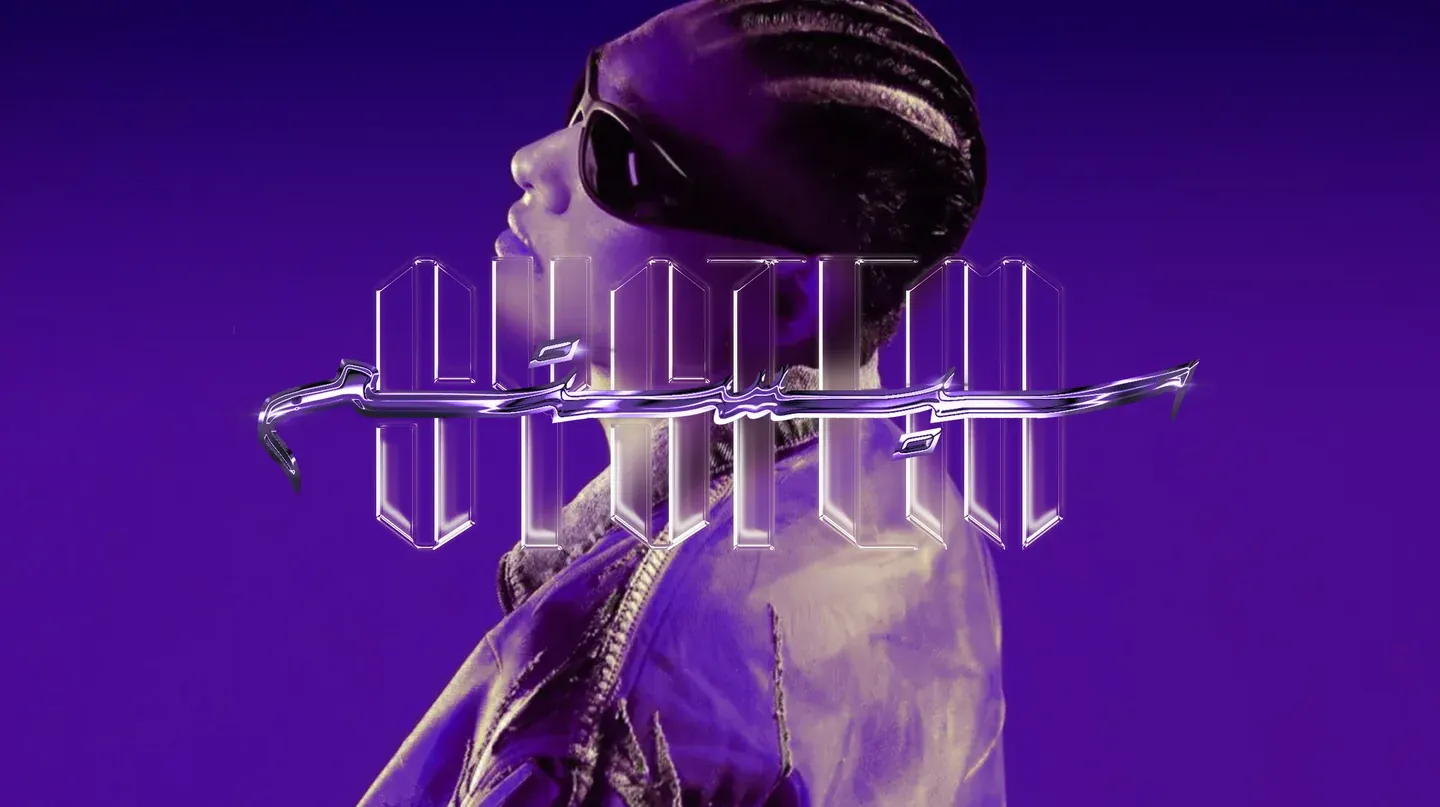 Purple sculptural portrait wearing sunglasses with metallic geometric lettering across the face
