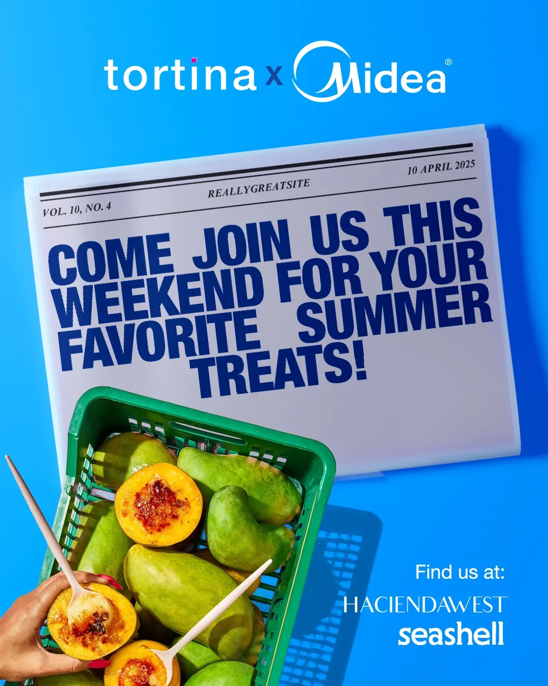 Midea and Tortina summer promotion artwork with a newspaper-style headline and food container on blue