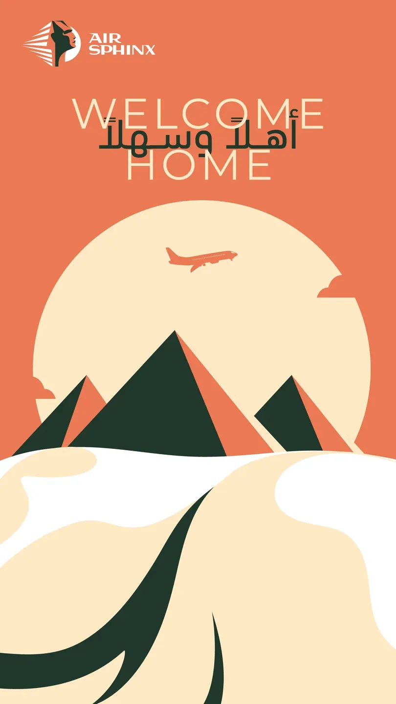Air Sphinx Welcome Home poster with stylised pyramids and dunes in orange, cream and green