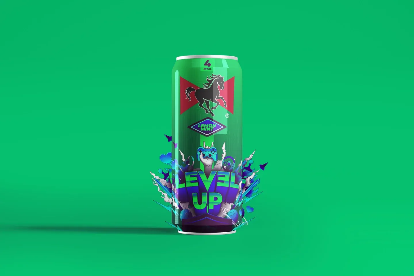 PowerHorse Level Up can with green gaming-inspired graphics