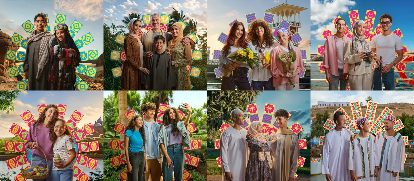Campaign collage with groups of people surrounded by colourful snack packaging