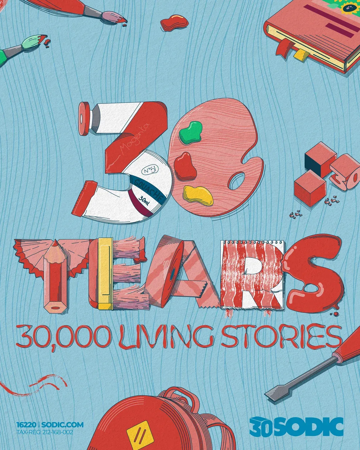 SODIC 30 Years portrait artwork with colourful school supplies and 30,000 Living Stories on blue
