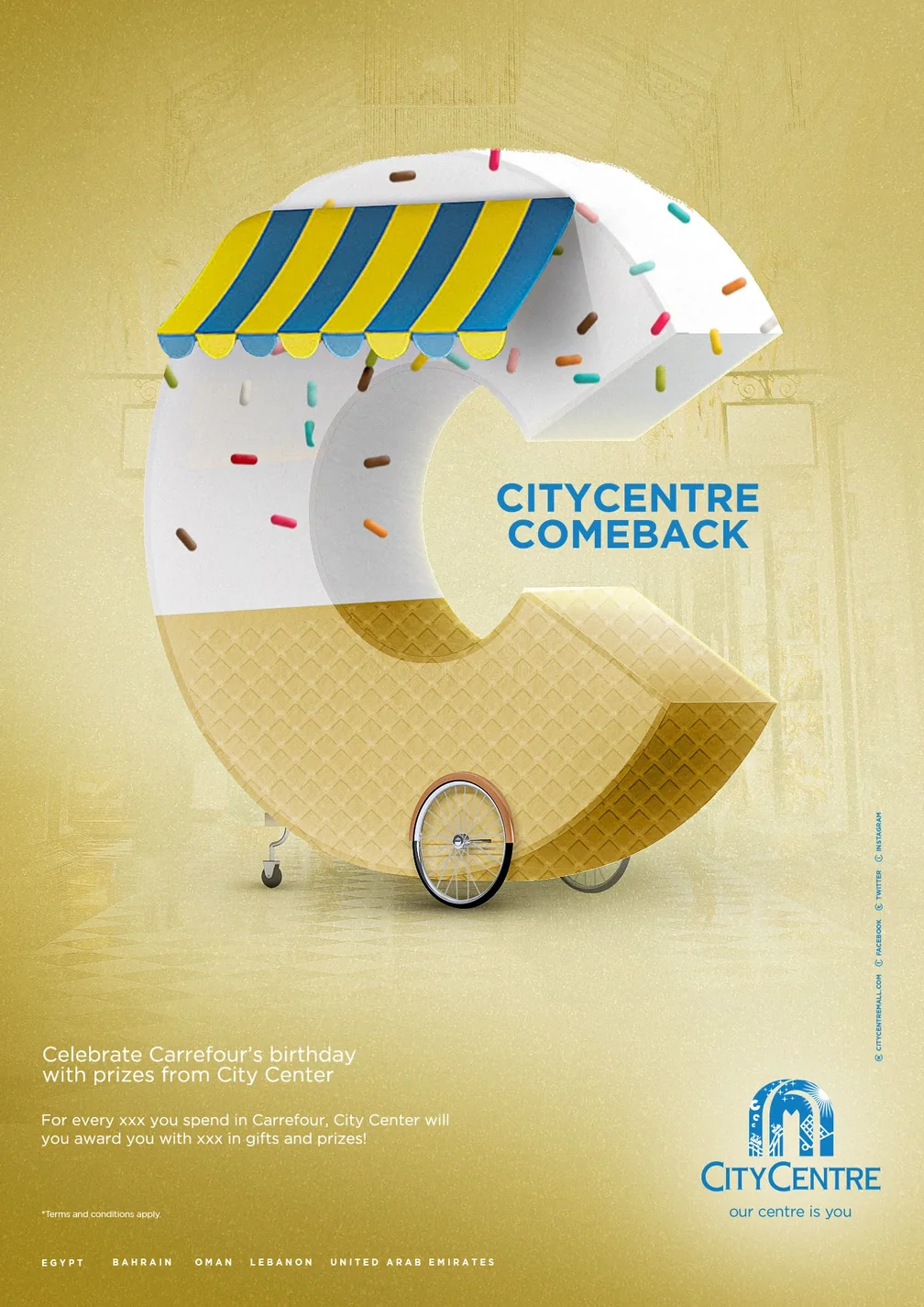 City Centre Comeback poster: an ice-cream cart shaped like the letter C with a striped awning and sprinkles